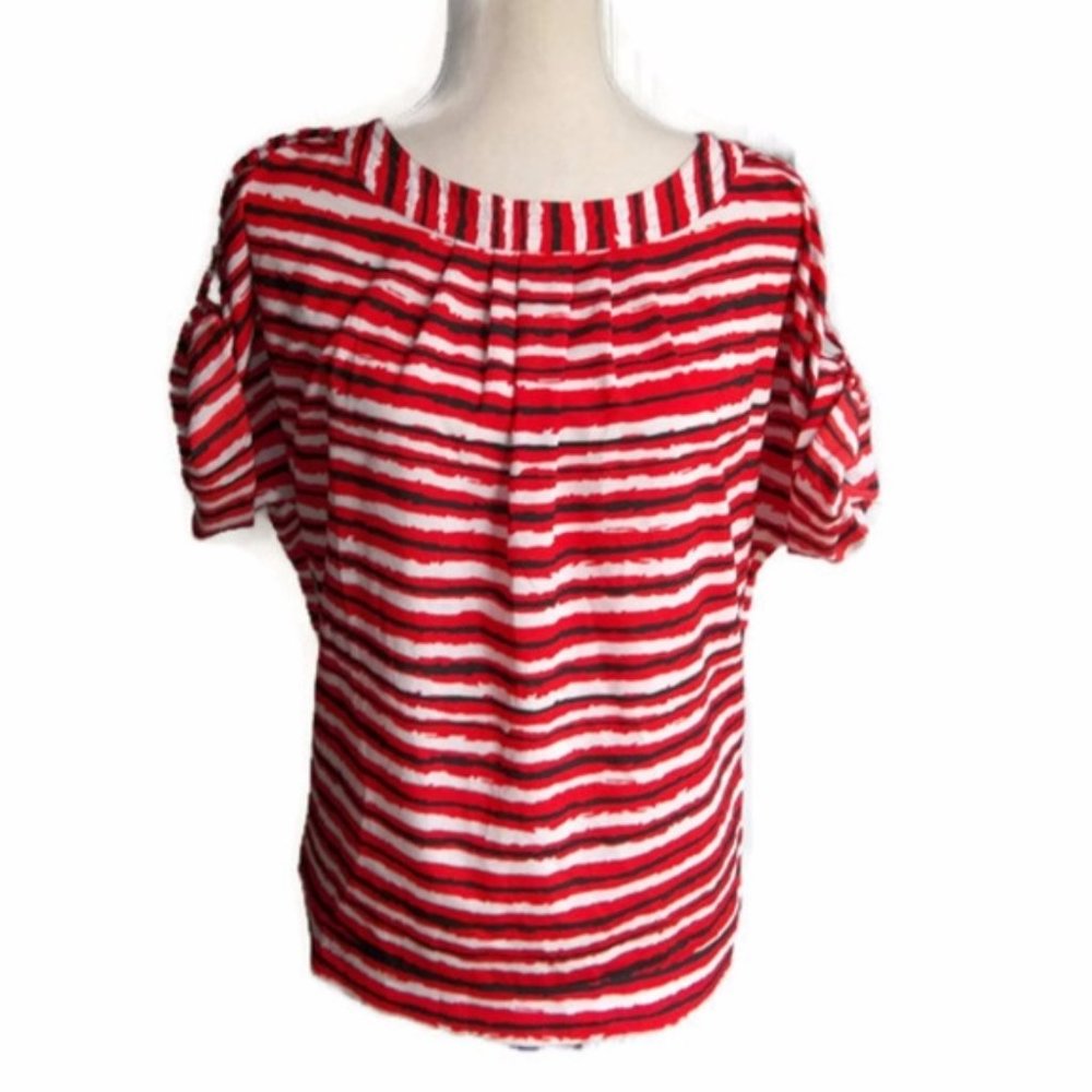 New York & Company Red/White/Black Striped Top-XS